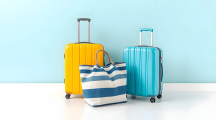 beach bag side of yellow and blue suitcase isolated on blue background