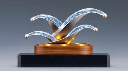 Abstract sculpture featuring flowing water and elegant curves, dynamic and artistic design.
