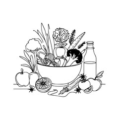 Continuous Line Drawing of a Healthy Salad Bowl with Vegetables and Grains – Minimalist Food Illustration