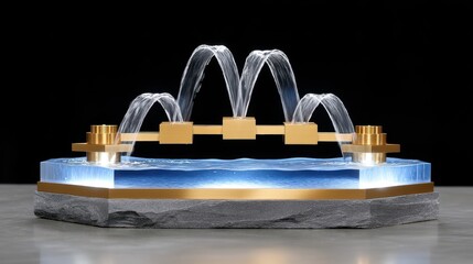 Elegant water fountain featuring golden accents and flowing water streams.