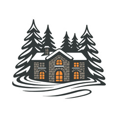 Fototapeta premium A cozy stone cabin in a winter forest with snow on the roof and pine trees around it vector illustration design