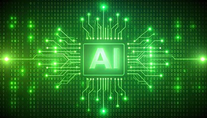 A glowing green AI processor chip on a circuit board with a digital binary code background, representing artificial intelligence technology.