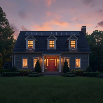  Twilight Home A Residential House with Warm Interior Lights., Cape Cod style house with solar panels and white picket fence., cape cod style house with solar panels on roof for sustainable energy