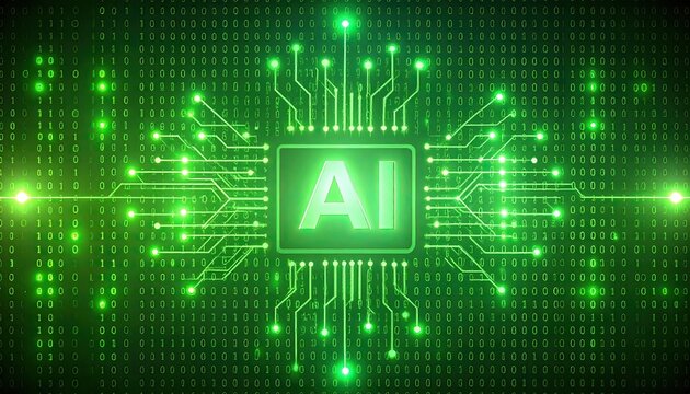 A glowing green AI processor chip on a circuit board with a digital binary code background, representing artificial intelligence technology. - Powered by Adobe