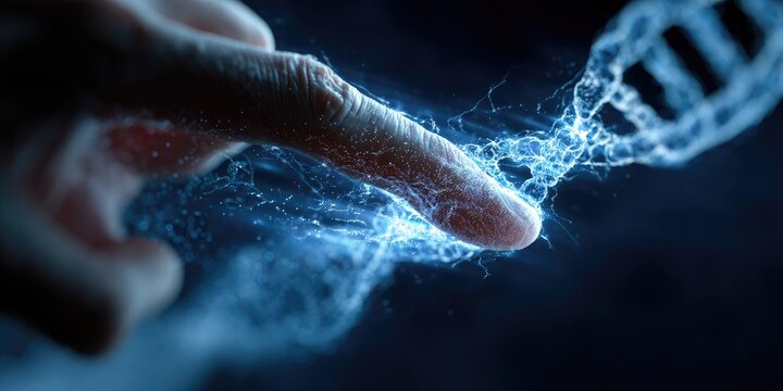 A human fingertip interacts with a DNA strand, glowing with energy