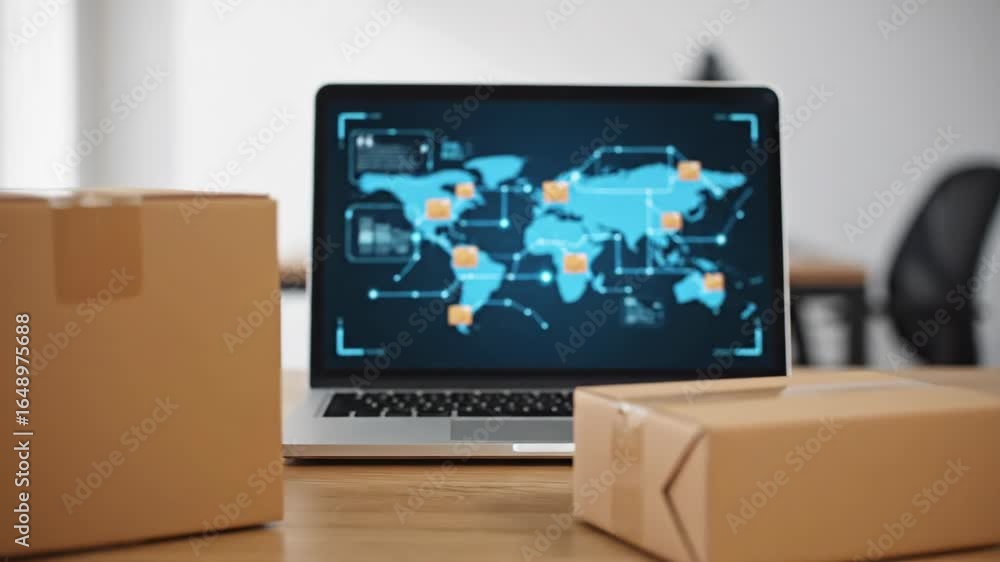 Poster global logistics tracking and delivery - cardboard boxes sit on a desk in front of a laptop displayi