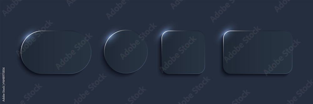 Poster glass frame collection. blue translucent shapes with radiant borders on dark backdrop. various recta