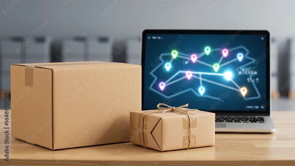 Poster digital twin logistics: package tracking and delivery - a cardboard box and package sit on a wooden 
