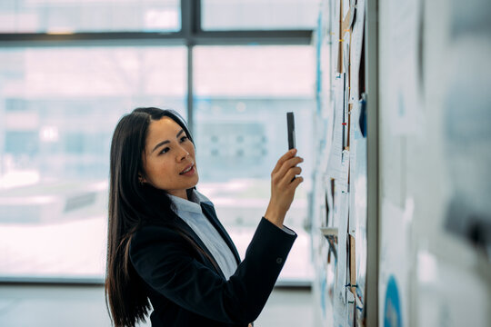 Beautiful businesswoman photographing bulletin board at office