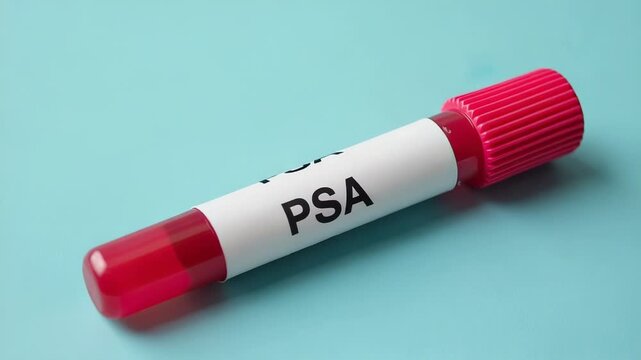 A test tube filled with blood and labeled 'PSA'