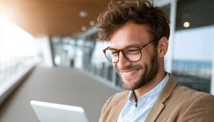 Cheerful Modern Professional Worker Engaging with Digital Devices in a Dynamic Office Environment