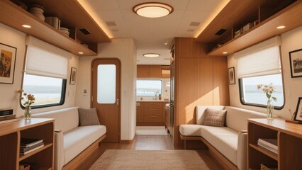 Modern and Cozy Interior of a Compact Living Space with Seating, Kitchen, and Large Windows