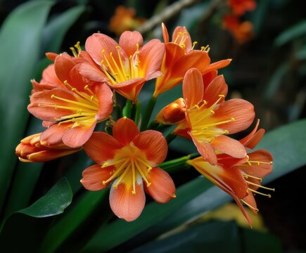 Blooming clivia African Orange flowers, tropical garden, in the wild