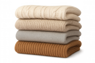 Cozy wool sweaters folded neatly, displaying neutral-toned knitting patterns, prepared for chilly weather against transparent backdrop