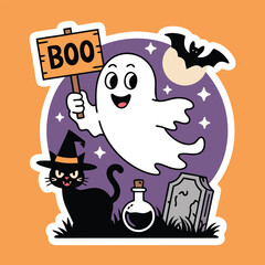 Halloween cartoon funny ghost cat bat and potion vector illustration