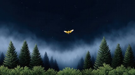 Naklejka premium A glowing yellow moth flies over a misty forest under a starry night sky.
