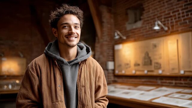 Young Architect Smiles and Looks to the Future Blueprint