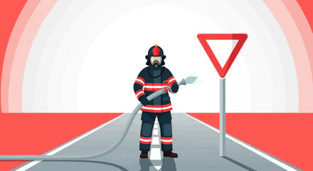 Obraz premium Firefighter In Action Posing Courageously Near Yield Sign On Highway Scene