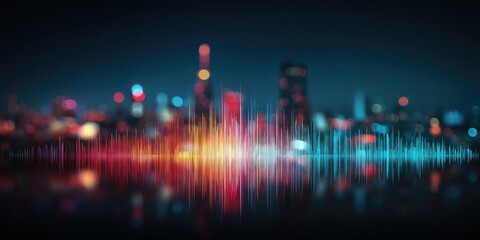 Night city skyline with audio waveforms