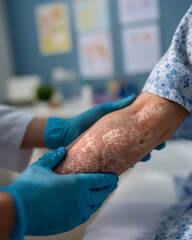 Fototapeta premium A Patient’S Elbow With Visible Psoriasis Plaques, Showing White Scaly Patches And Mild Redness. The Patient Is Wearing A Hospital Gown, And A Dermatologist’S G