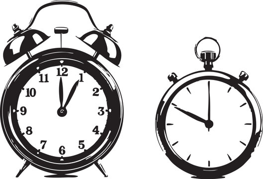 Alarm Clock and Stopwatch Vector – Black and White Sketch Illustration of Timekeeping Devices for Education or Conceptual Design