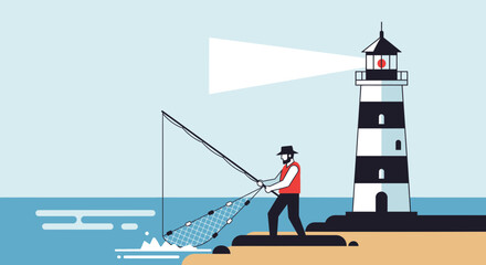 Fisherman Casting Net by Lighthouse: A Vintage Maritime Scene with Modern Flat Vector Design Creating a Nostalgic Coastal Ambiance
