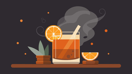 Smoked old fashioned cocktail with orange slices and cinnamon on wooden table in minimalist retro bar style