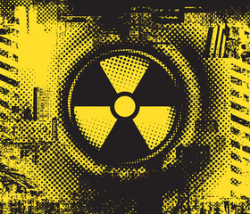 Vector banner on the theme of urbanism, street art, digital technologies. Reminds of a cross or a photo lens on the background of fragments of the urban landscape, pixels. Design of a T-shirt. No ai