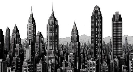 Black and White Cityscape with Skyscrapers and Mountains