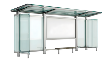 Glass bus stop with blank poster board, isolated on white background