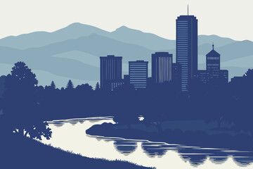 Obraz premium Denver skyline at twilight with the South Platte River still and reflective, framed by mountains and evening sky gradients, modern flat illustration style.