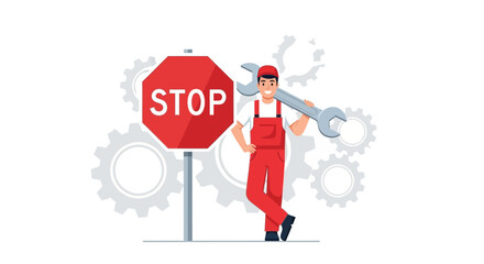 Naklejka premium Friendly Mechanic Pausing Work near Stop Sign and Gears Illustration