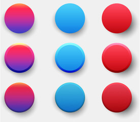 Set of colorful circular buttons with gradient and neumorphic styles. Includes variations in pink, blue, and red with soft shadows. Ideal for UI elements, web design, or mobile app interfaces.