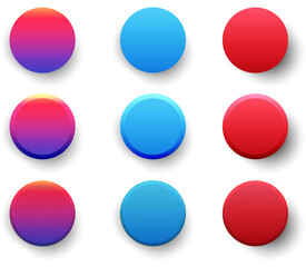 Set of colorful circular buttons with gradient and neumorphic styles. Includes variations in pink, blue, and red with soft shadows. Ideal for UI elements, web design, or mobile app interfaces.