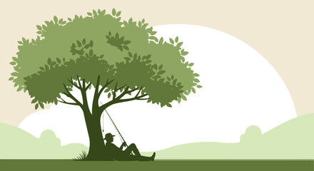 Fisherman Resting Under Tree Silhouette Illustration Peace and Relaxation