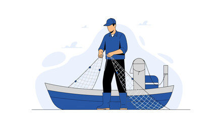 Fisherman Repairs His Net On A Small Boat During A Calm Day