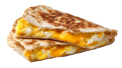 A delicious close up of a golden brown grilled cheese and egg quesadilla a savory homemade breakfast creation with perfectly melted cheese and a fluffy egg filling.