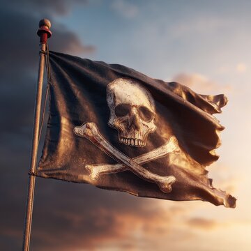 Torn pirate flag sunset ocean piracy danger