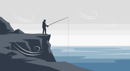 Fisherman Silhouette On Cliff Edge Engaging In Tranquil Coastal Angling Venture