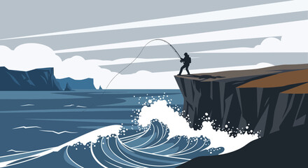 Fisherman Silhouette On Cliffside Catching Fish In A Rough Coastal Environment