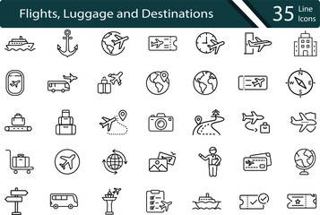Travel and Tourism Icon Set. Line Icons for Flights, Luggage, and Destinations.