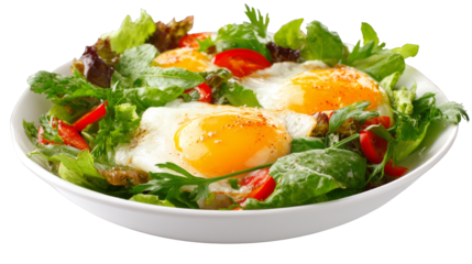 A fresh and delicious homemade garden salad in a clean white bowl featuring crisp greens juicy red cherry tomatoes and perfectly boiled eggs a healthy choice for lunch or dinner.