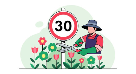 Obraz premium Gardener Pruning Flowers Under The Watchful Eye Of Speed Limit Sign