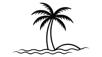 Black silhouette of a palm tree with wavy lines white background