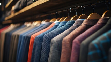 Obraz premium A row of suits on hangers in a clothing store with soft lighting creating a cozy atmosphere - for fashion articles, clothing catalogs, boutique ads and style blogs.