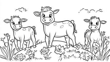 Obraz premium Three cute calves stand in a field of flowers