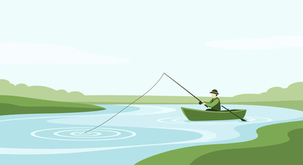 Fishing Hobby At Lakeside With Man Silhouette Casting Rod From Boat