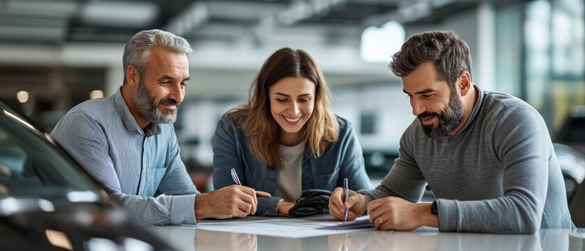 Friendly couple signing documents by the car in the showroom, all smiles - relevant for advertising car dealerships, financial services, insurance and family shopping.