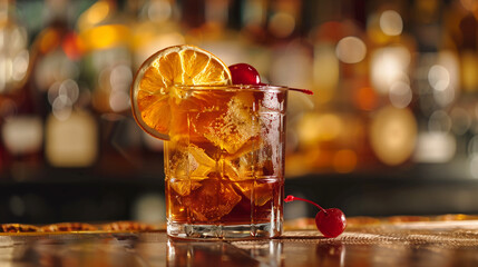 Classic Old Fashioned Cocktail with Whiskey, Large Ice Cubes, Garnished with Dried Orange Slice and Maraschino Cherries, Served in a Glass on a Polished Bar Counter with Warm Ambient Lighting