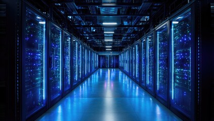 Obraz premium Vast server room, illuminated by blue light
